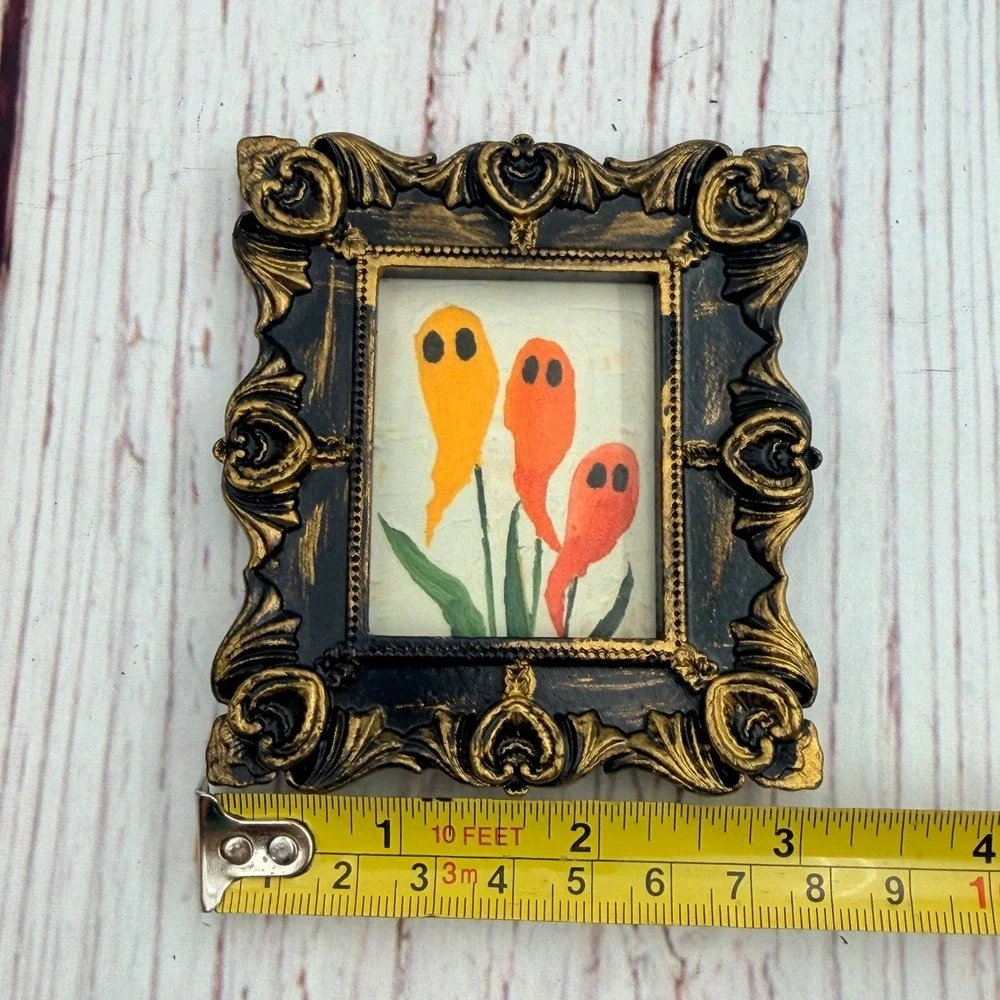 Miniature Ornate Ghost Art Print Black Gold Gothic Halloween Frame 3.5in Decor